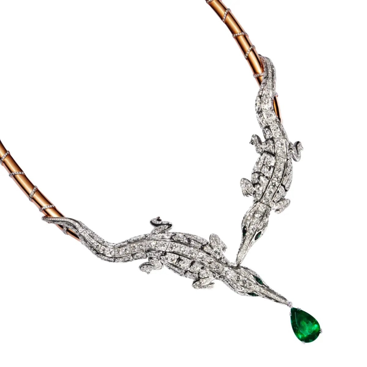 CARESSE DE CROCO DOUBLE CROCODILE DULL PAVÉ DIAMOND NECKLACE, WHITE AND ROSE GOLD ORLOV