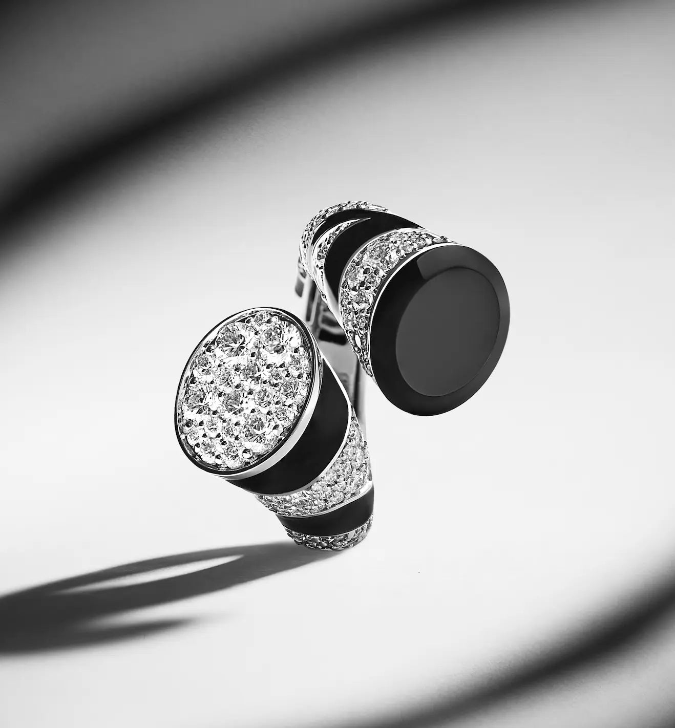 LA SAVANE DOUBLE FULL PAVE DIAMOND ONYX AND ENAMEL RING, WHITE GOLD ORLOV