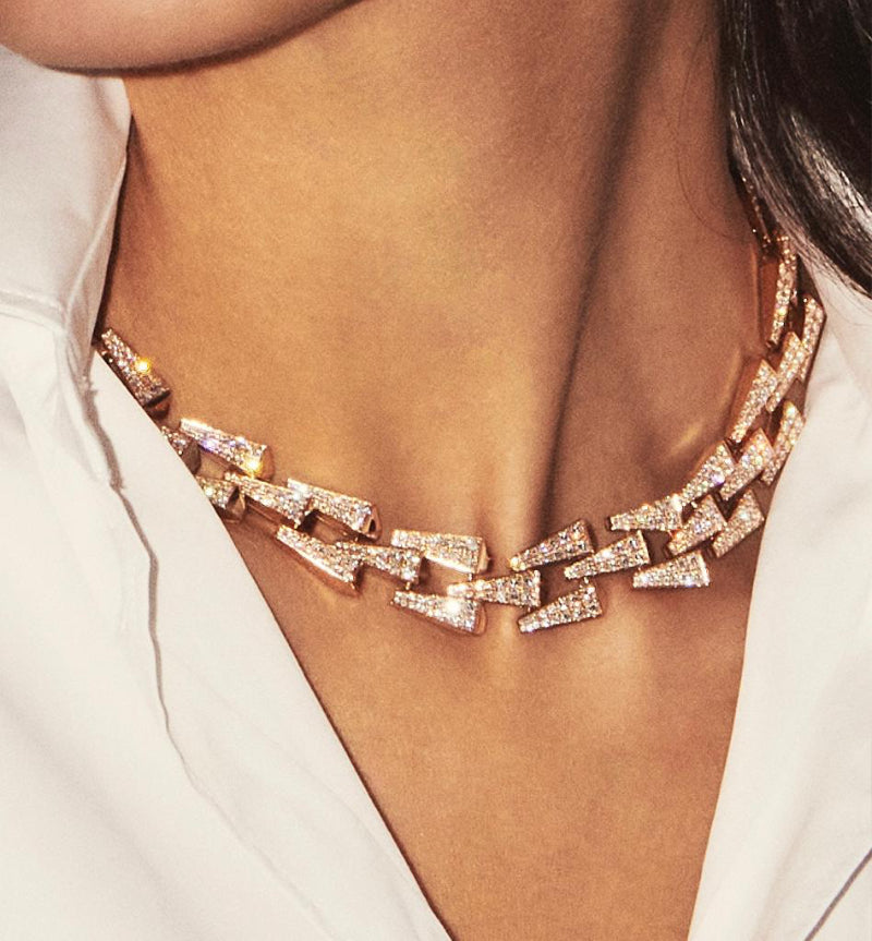 SPIKE LARGE 3 ROW FULL PAVE DIAMOND NECKLACE, ROSE GOLD