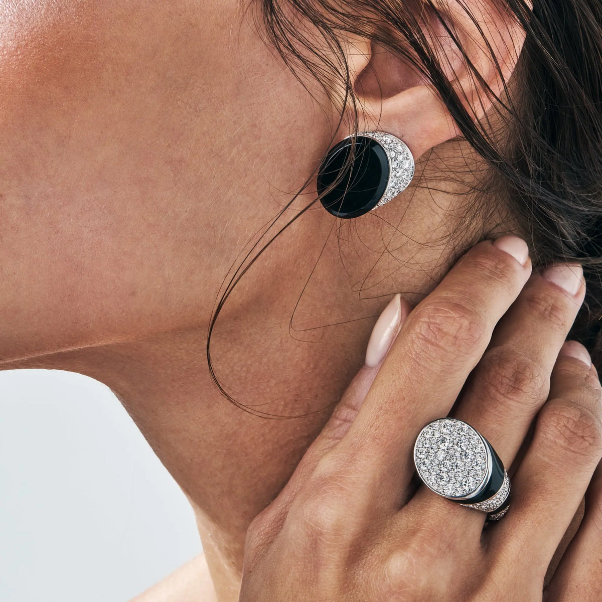 LA SAVANE FULL PAVE DIAMOND ONYX AND ENAMEL STUDS, WHITE GOLD ORLOV