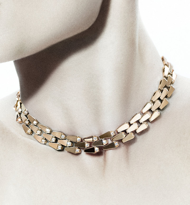 SPIKE 3 ROW LIGHT PAVÉ DIAMOND NECKLACE, ROSE GOLD