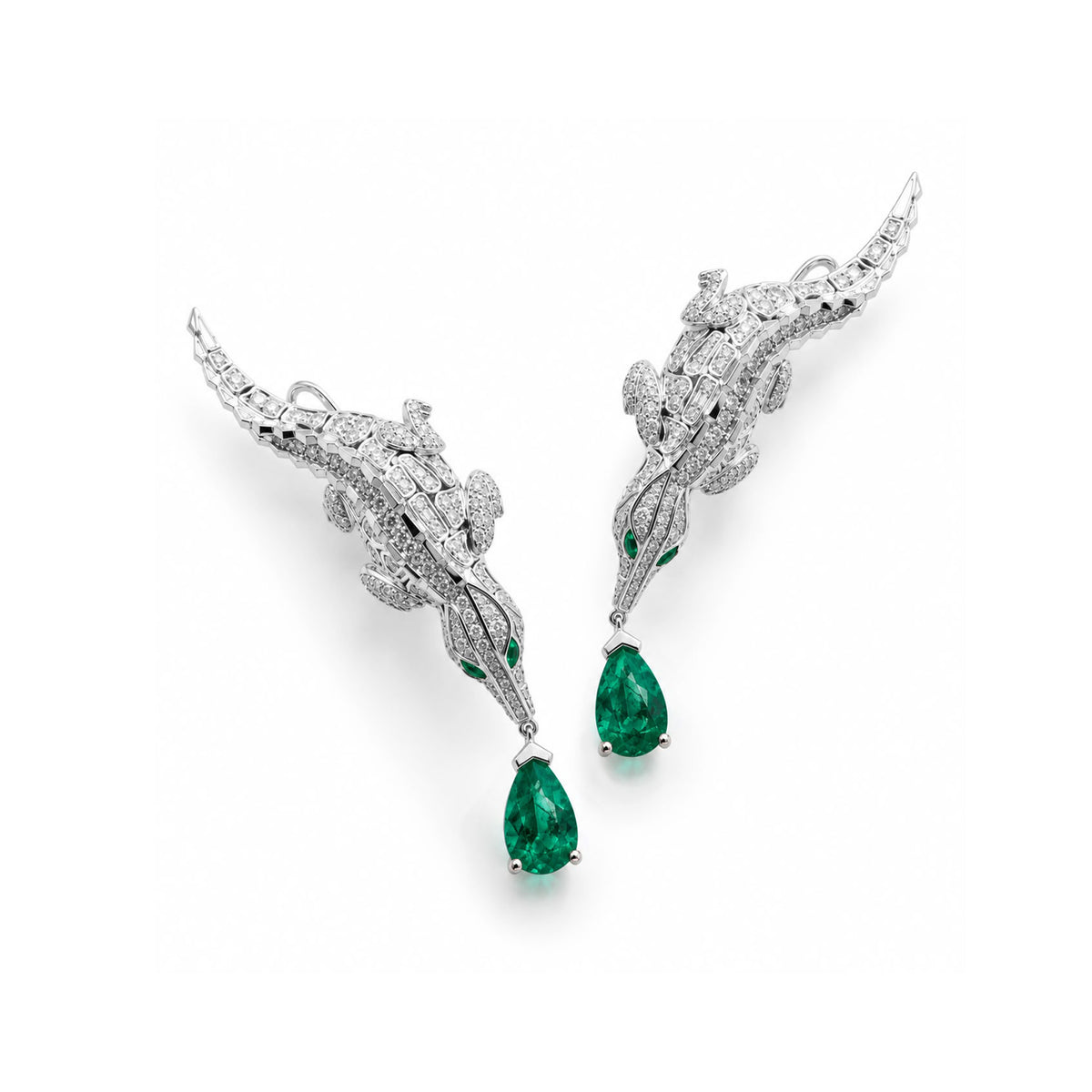 CARESSE DE CROCO  FULL PAVE DIAMOND EMERALD CUFF EARRINGS, WHITE GOLD