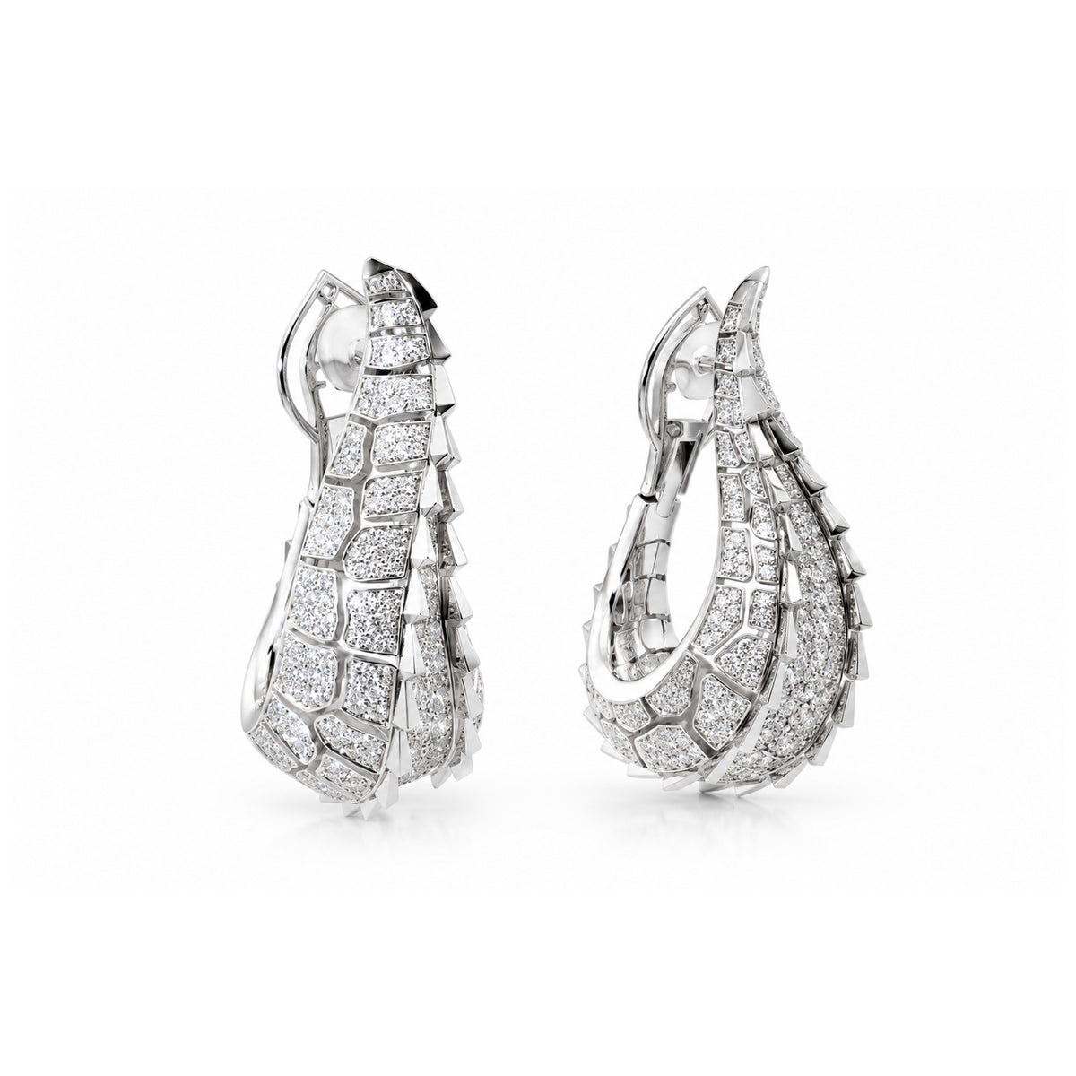 SPIKE CLASSIC CROCO TAIL FULL PAVE DIAMOND EARRINGS, WHITE GOLD
