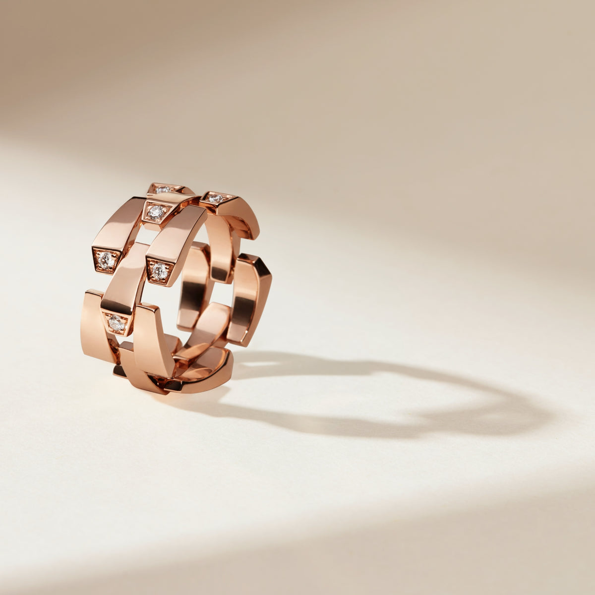 SPIKE 3 ROW LIGHT PAVE DIAMOND RING, ROSE GOLD