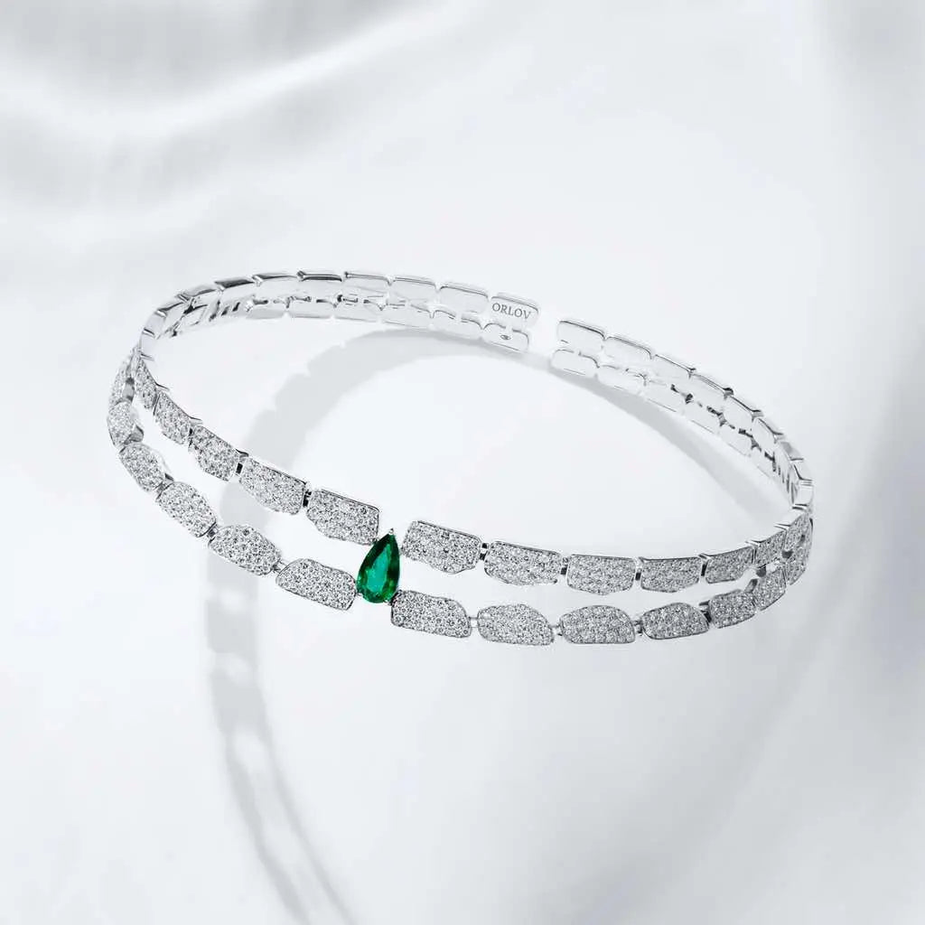 SKIN DOUBLE ROW FULL PAVE DIAMOND EMERALD CHOKER, WHITE GOLD ORLOV