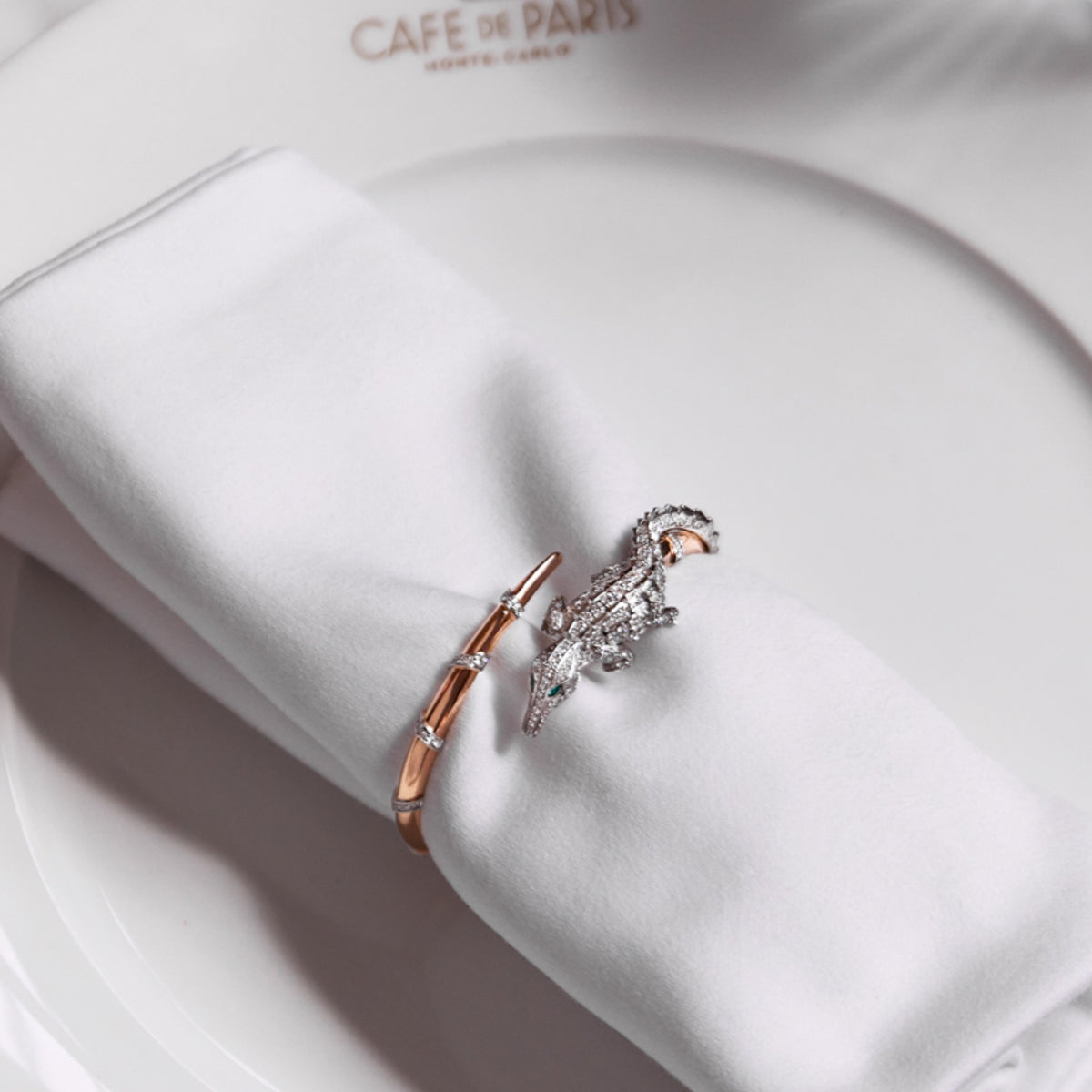 CARESSE DE CROCO FULL PAVE DIAMOND BRACELET, WHITE &amp; ROSE GOLD