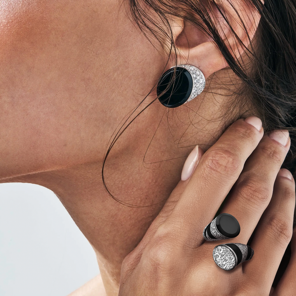 LA SAVANE DOUBLE FULL PAVE DIAMOND ONYX AND ENAMEL RING, WHITE GOLD
