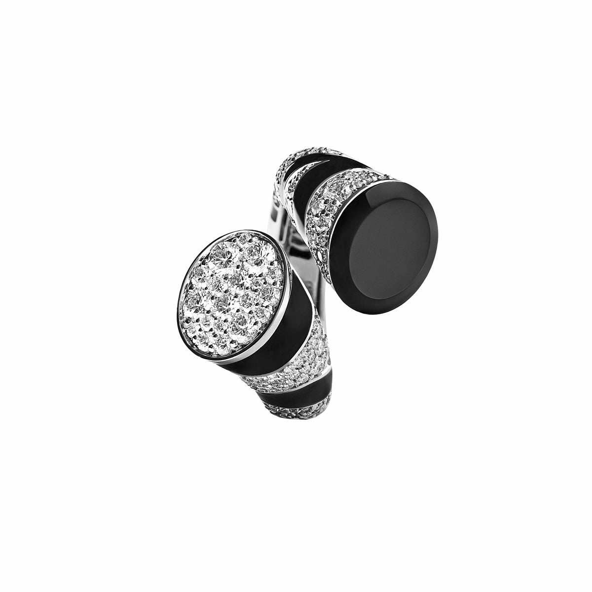 LA SAVANE DOUBLE FULL PAVE DIAMOND ONYX AND ENAMEL RING, WHITE GOLD