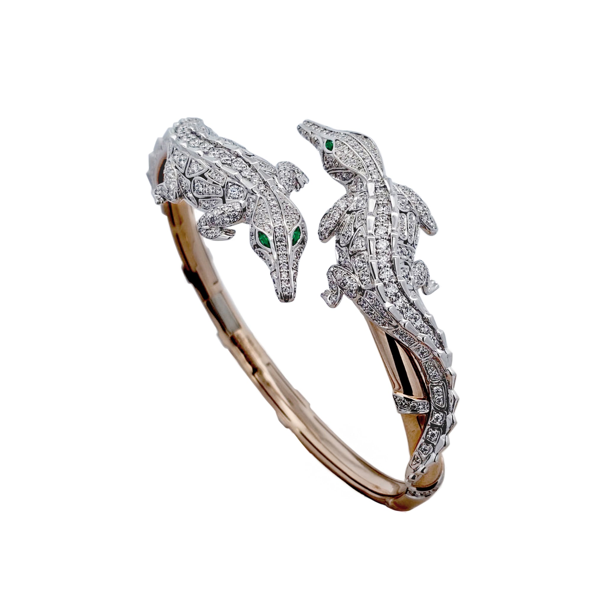 CARESSE DE CROCO DOUBLE CROCODILE FULL PAVE DIAMOND BRACELET, WHITE ROSE GOLD