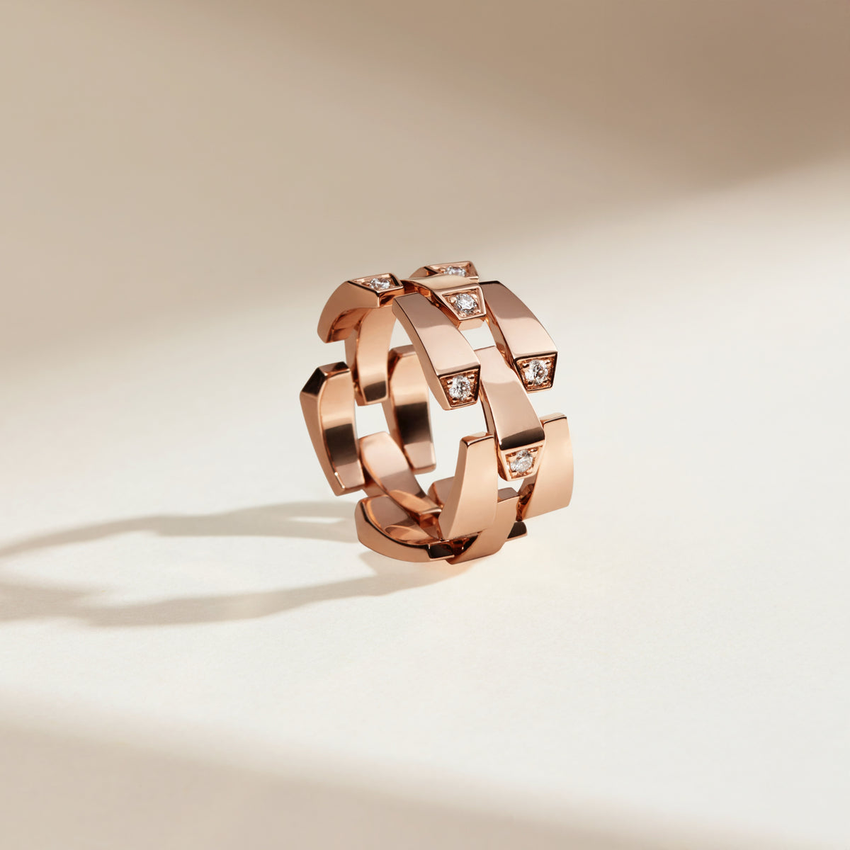 SPIKE 3 ROW LIGHT PAVE DIAMOND RING, ROSE GOLD